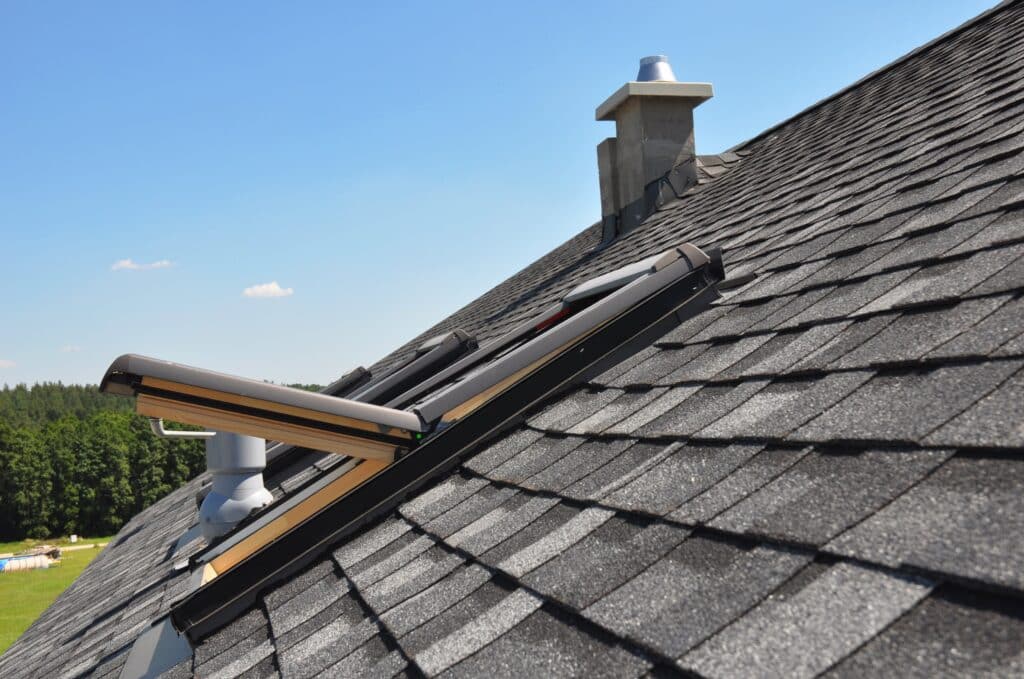 Close-up of asphalt shingles on roof with attic skylight