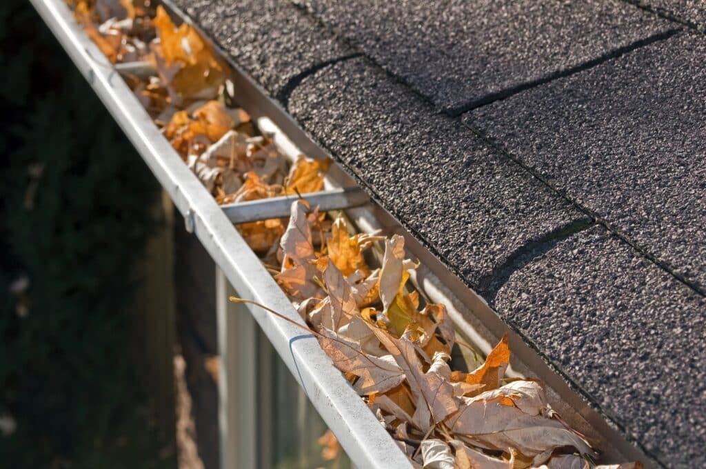 Residential gutters filled with fall leaves